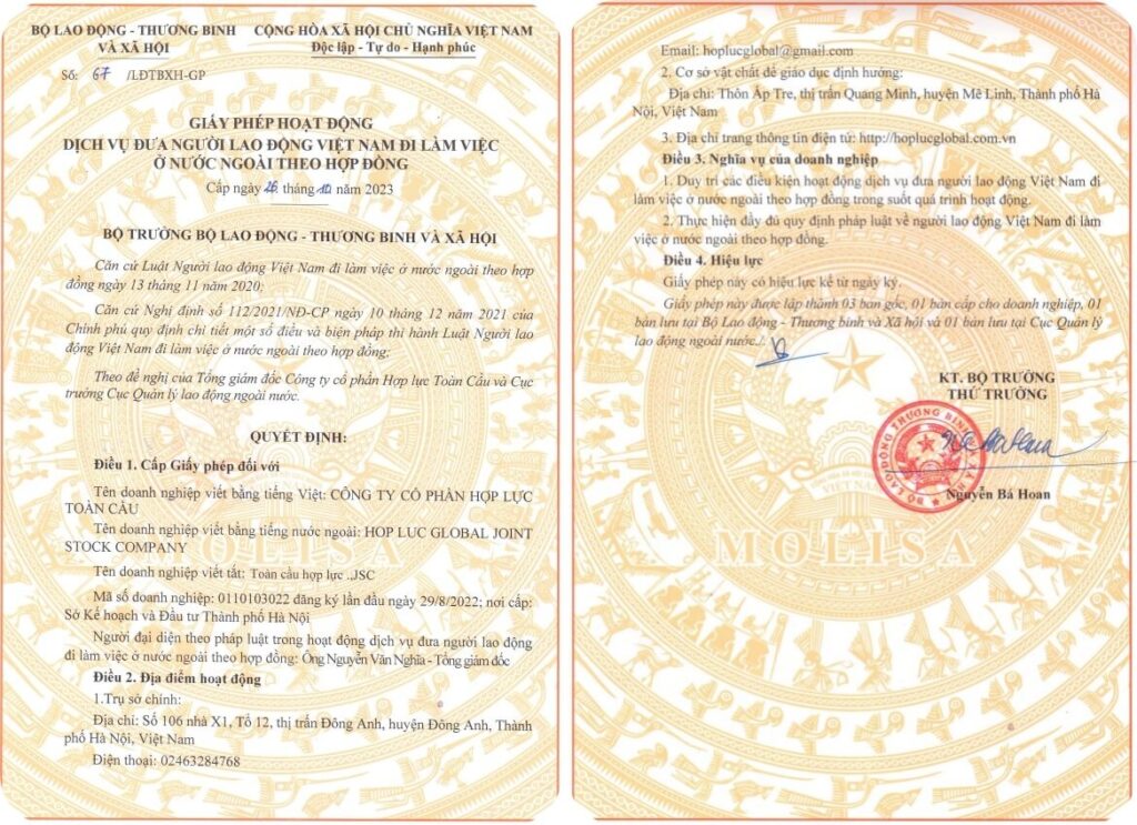 approved manpower agency Vietnam official license documentation