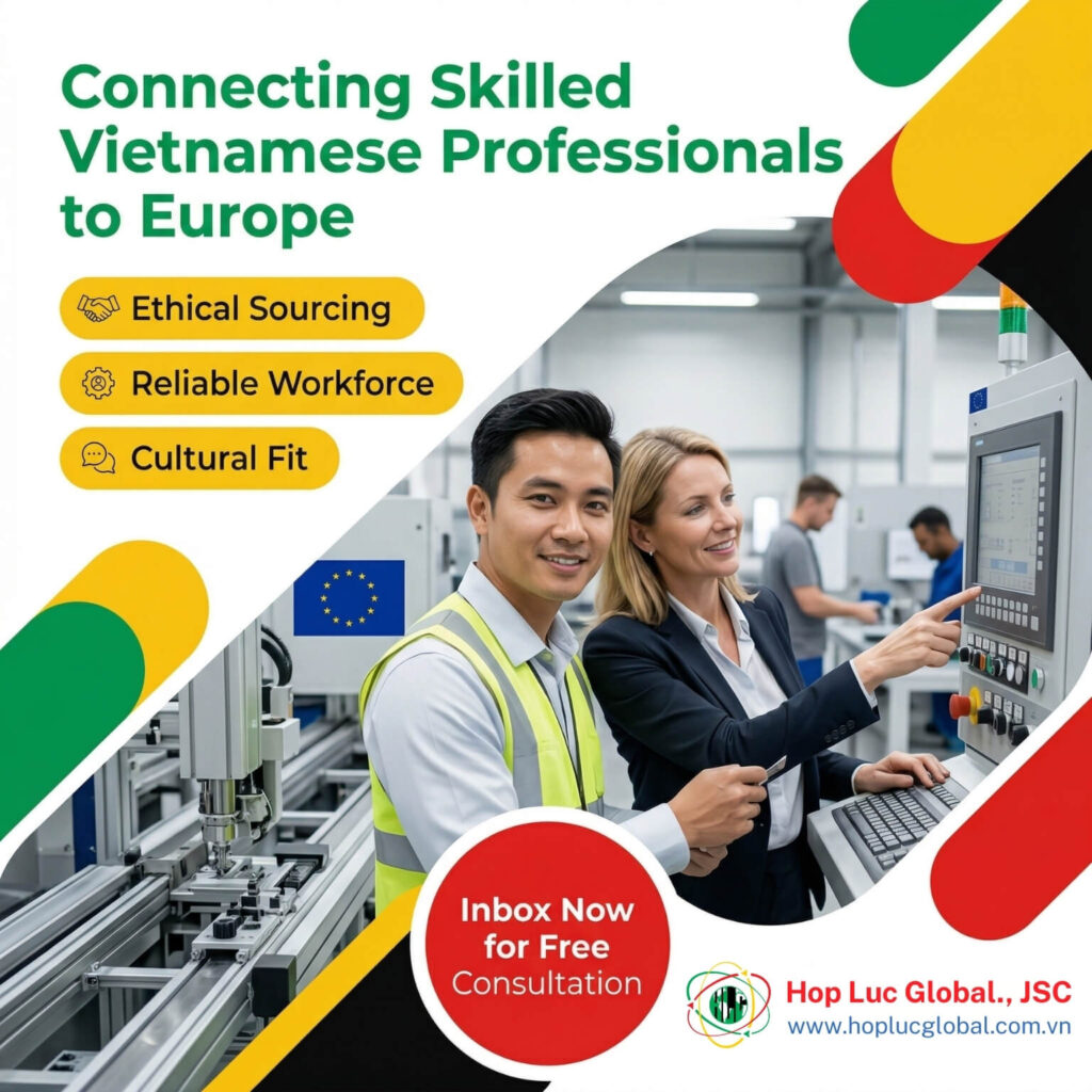 Vietnamese workers cooperating with European colleagues at a construction site