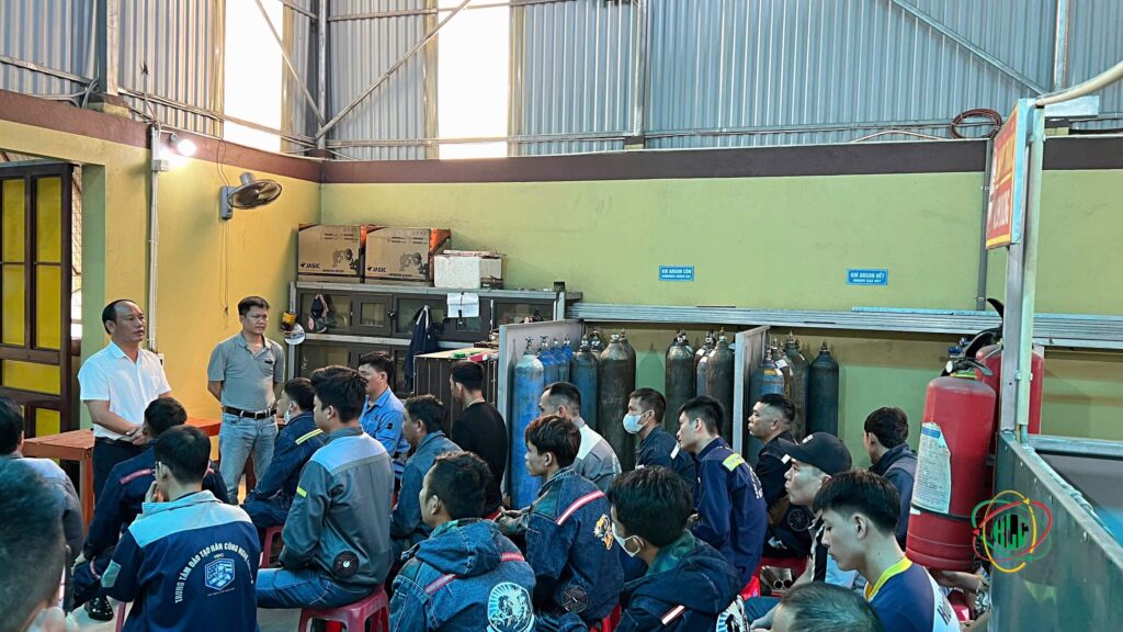 Vietnamese workers receiving language and safety training before departure to Europe