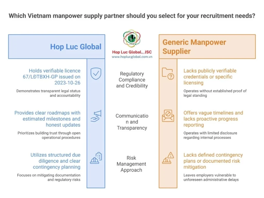 Checklist for evaluating a vietnam skilled manpower supplier, including licence verification and transparency.