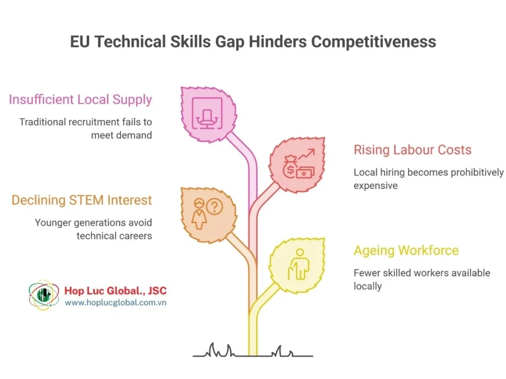Graph or chart illustrating labour shortages in EU technical sectors, with Vietnam as a solution source