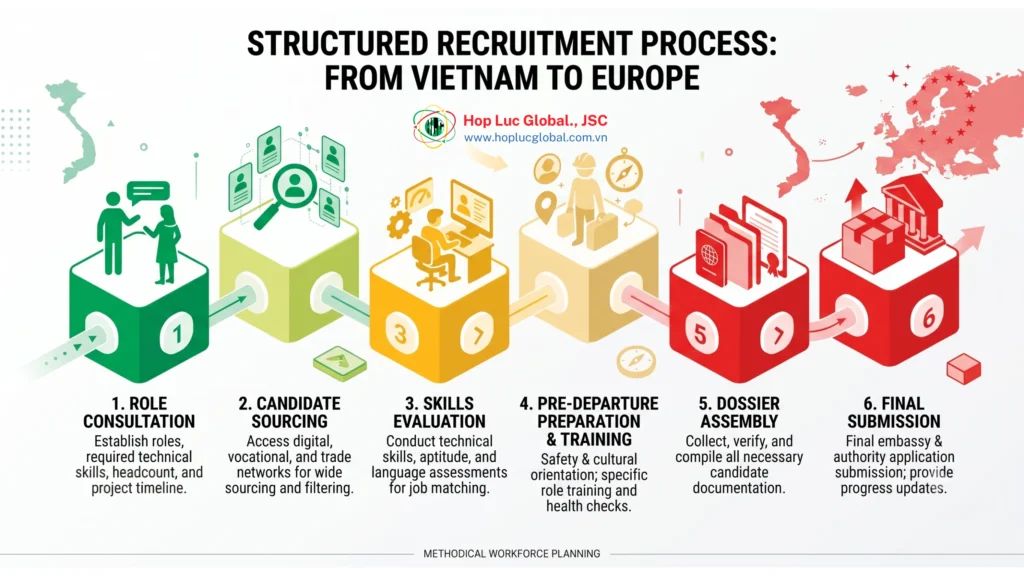 Recruitment process flowchart from sourcing to documentation coordination for Vietnam skilled labour
