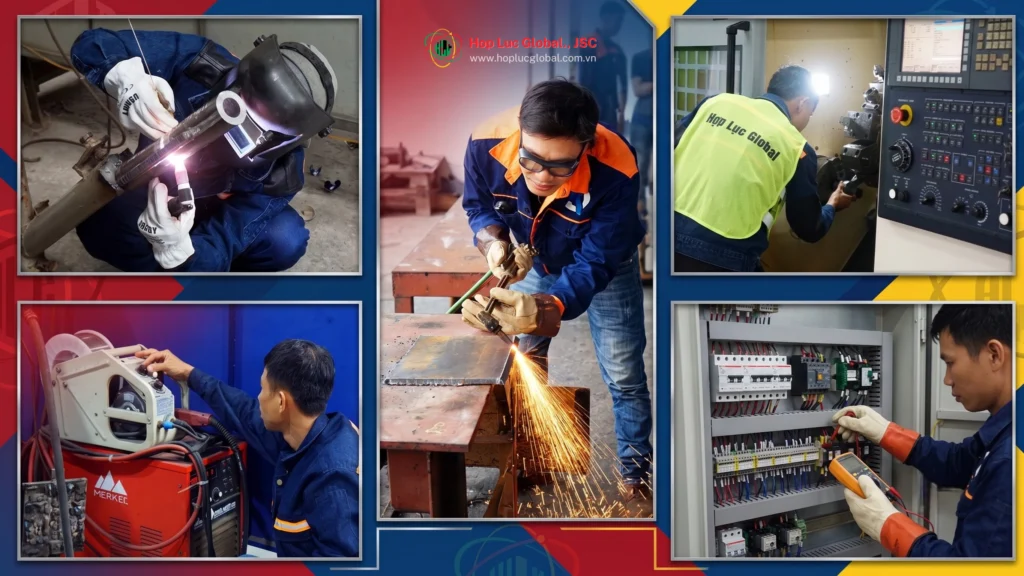 Vietnam technical workers Europe – welder and CNC operator in factory setting