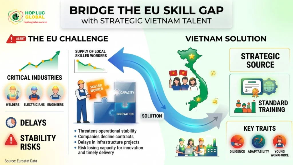 Infographic showing the demand for **Vietnam technical workers Europe** and Vietnam's role in addressing labor shortages.