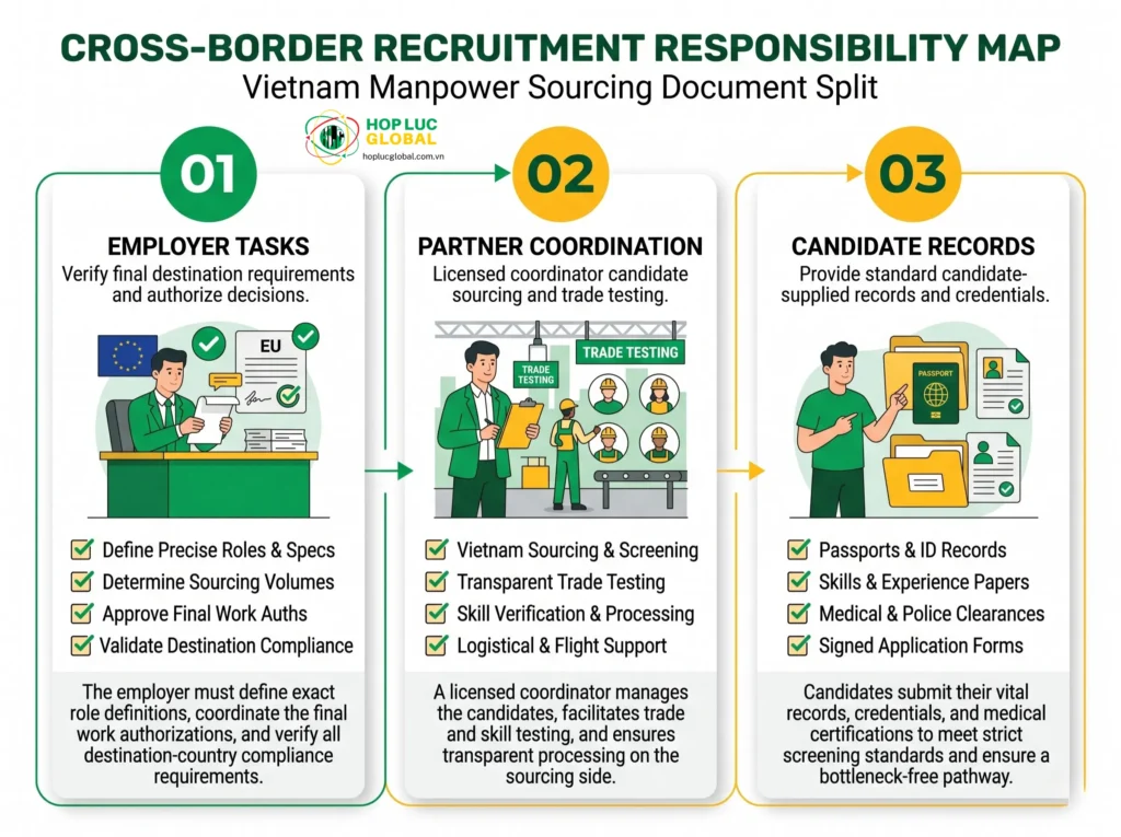 Diagram showing document responsibilities split between employer, recruitment partner, and candidate