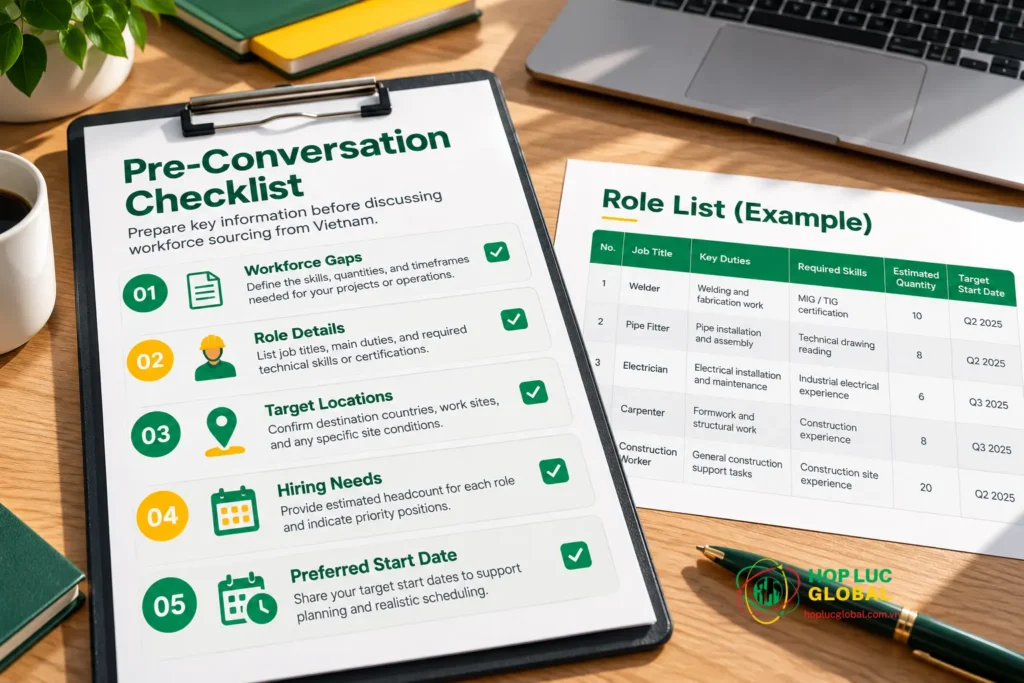 Cross-border workforce planning checklist for preparing a role list and target start date before a sourcing discussion