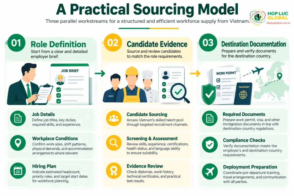 Vietnam overseas manpower supply sourcing model diagram for EU employers showing role definition, screening, and documentation workstreams