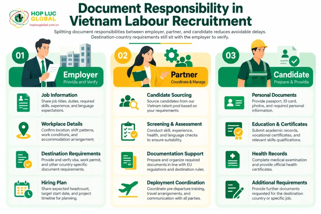 Documentation responsibility split diagram for Vietnam labour recruitment process showing employer, partner, and candidate tasks